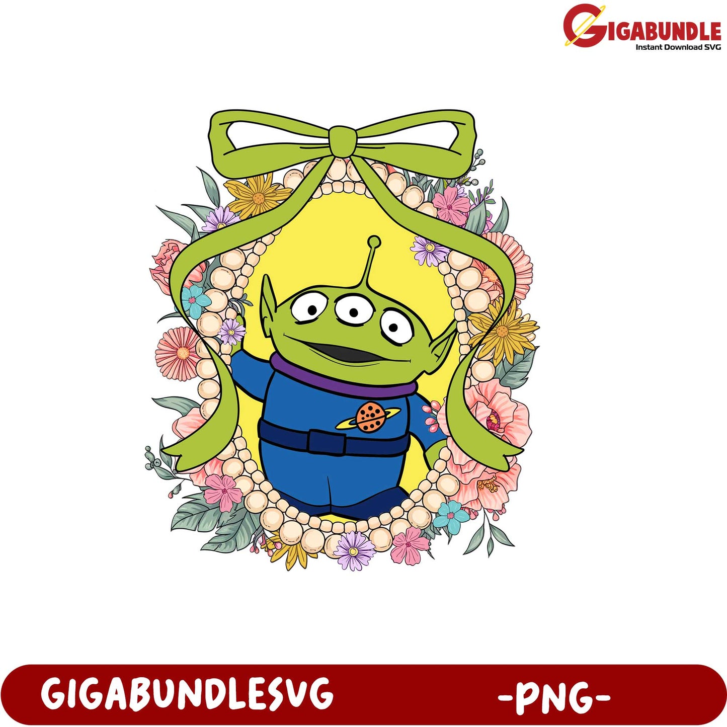 Cute Alien Character with Flowers and Ribbon PNG Digital Download