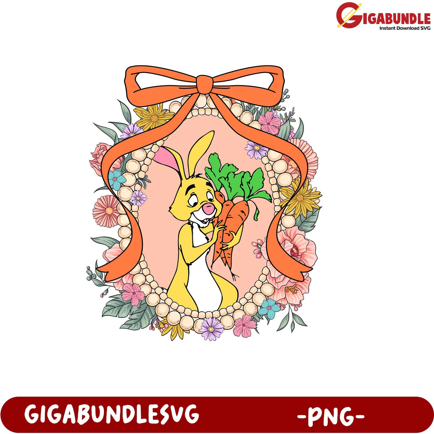 Cute Bunny Holding Carrots Floral Wreath PNG Digital Download Artwork