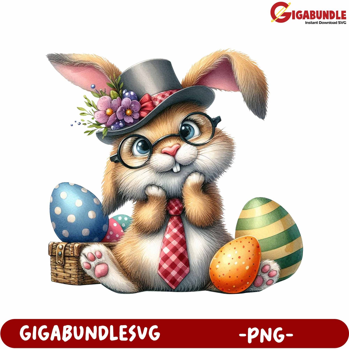 Cute Bunny with Hat and Glasses PNG for Easter Decor