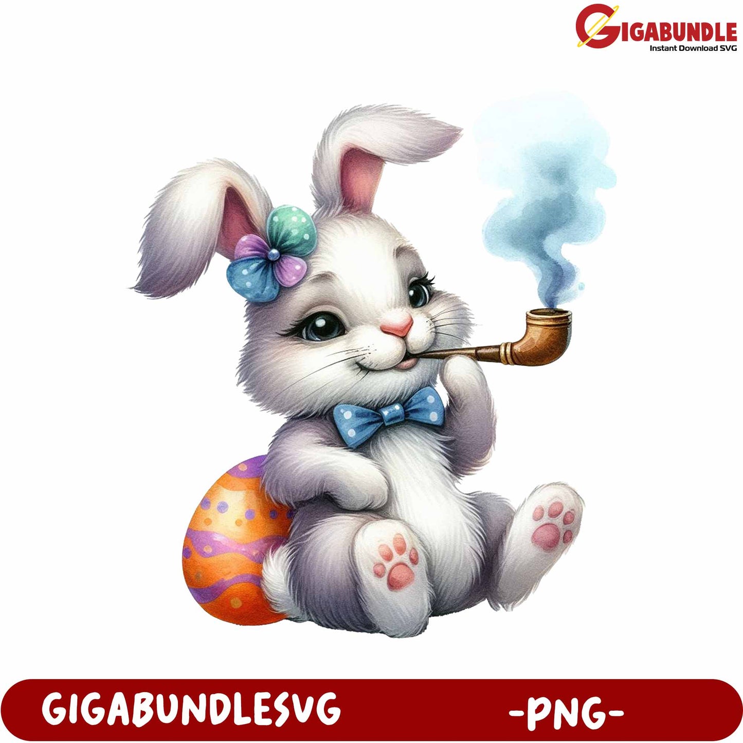 Cute Bunny with Pipe and Easter Egg - PNG Illustration Download