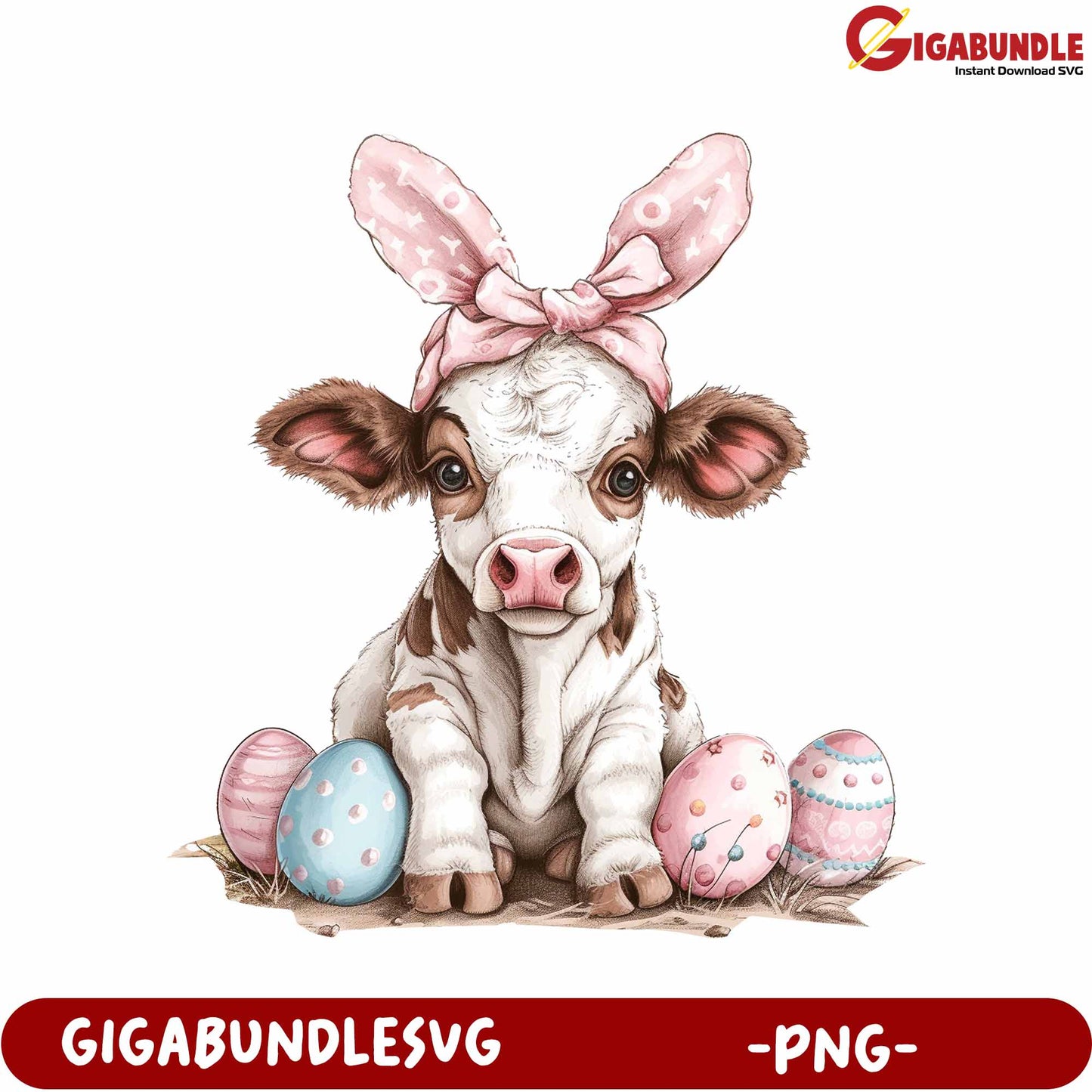 Cute Calf with Easter Eggs Digital PNG for Creative Projects