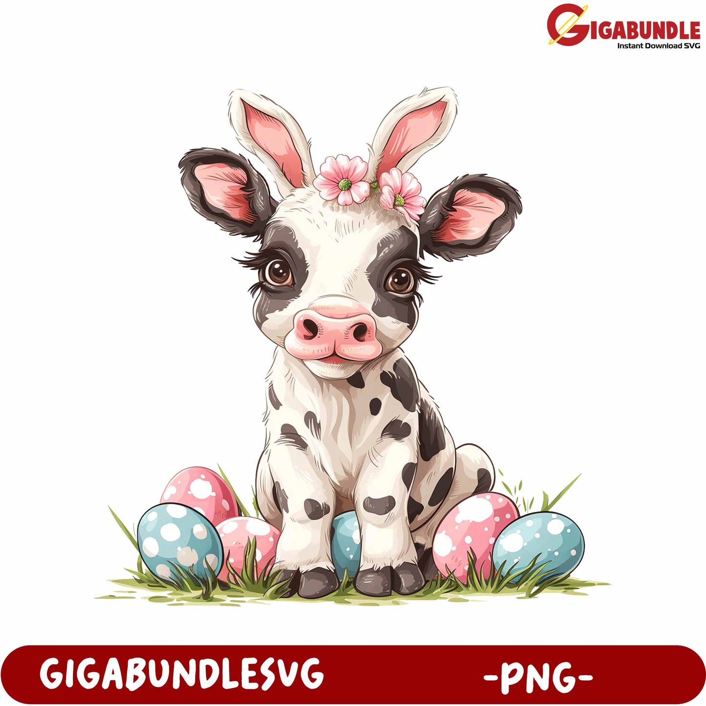 Cute Calf with Flowers and Easter Eggs - PNG Graphic Design