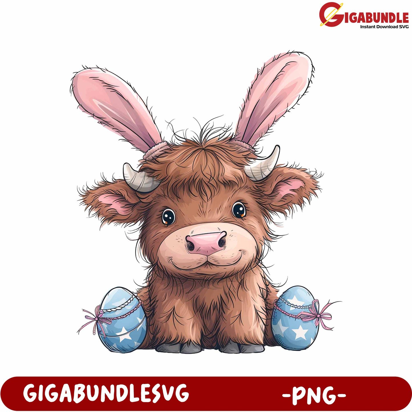 Cute Cartoon Cow with Bunny Ears and Easter Eggs PNG File