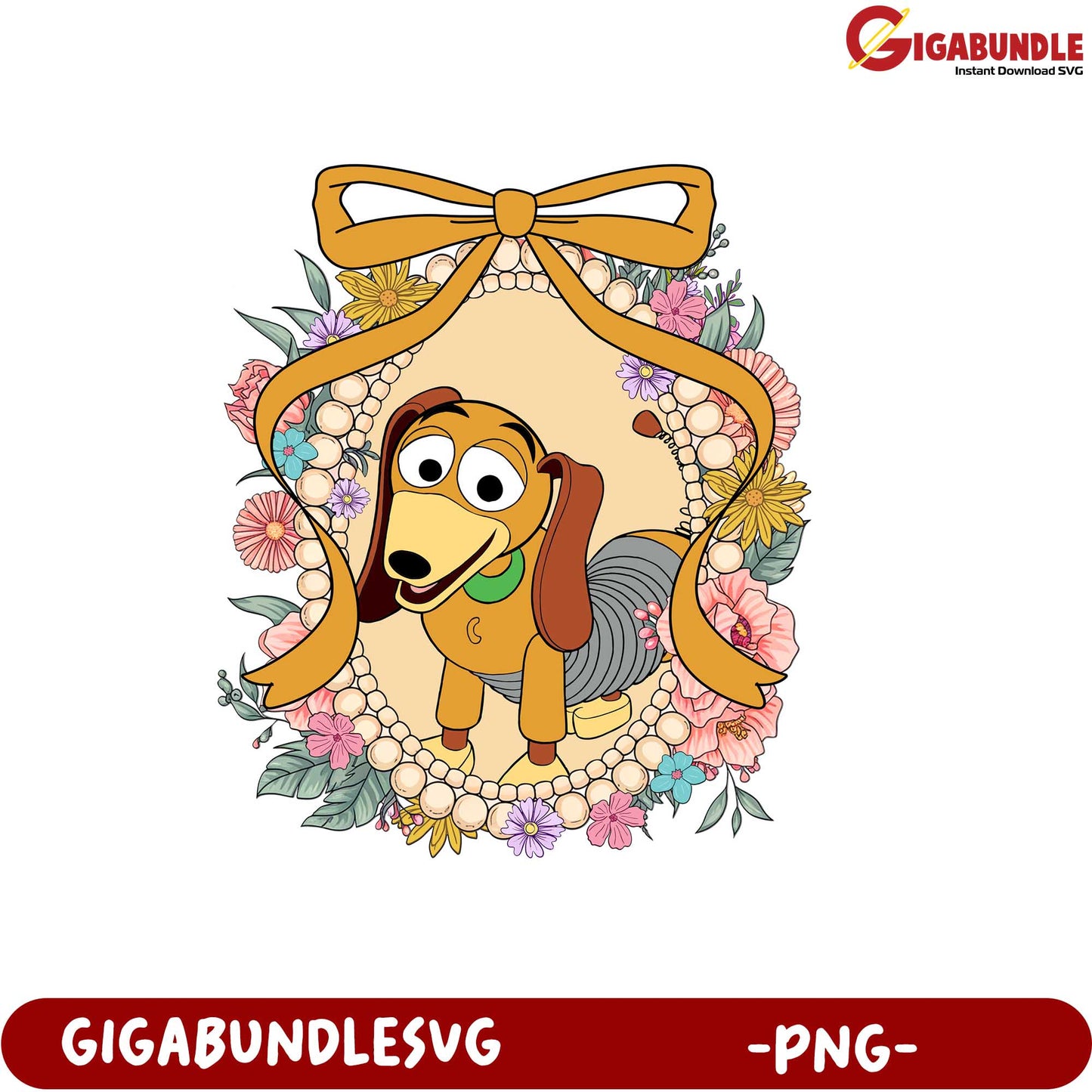 Cute Cartoon Dog Design with Flowers and Bow for PNG Products