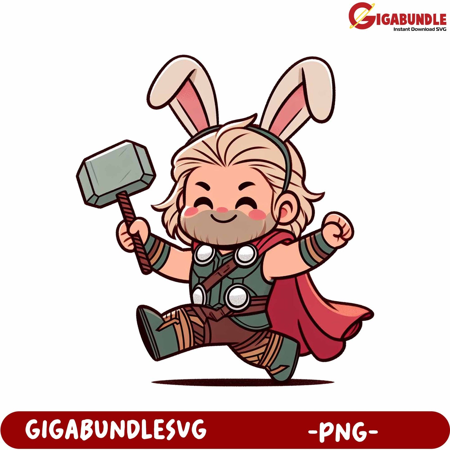 Cute Cartoon Hero Bunny with Hammer - PNG Downloadable Art