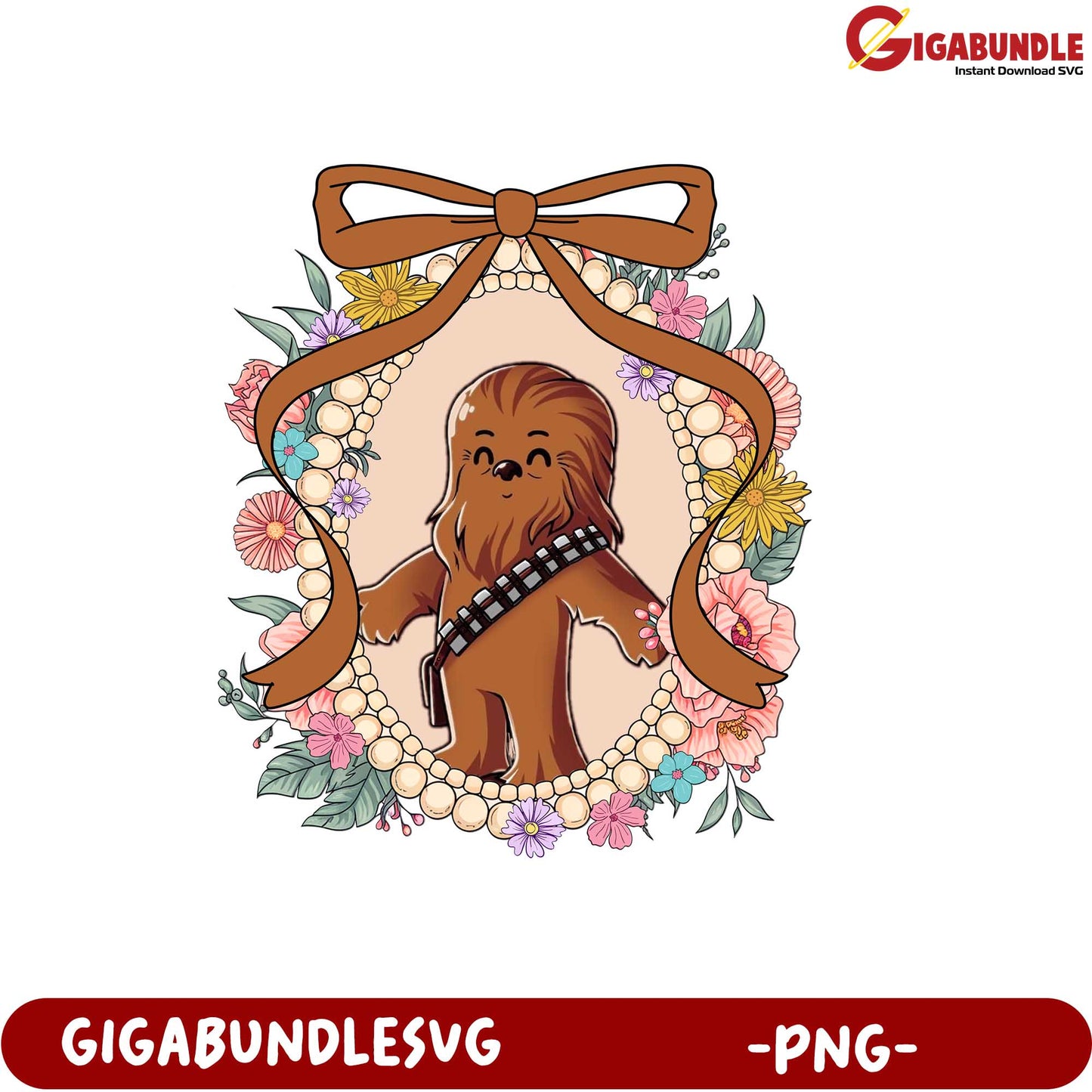 Cute Chewbacca Floral PNG Design with Bow for Crafting and Gifts