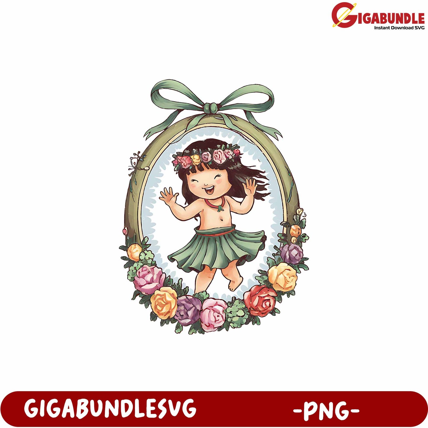 Cute Dancing Girl in Floral Frame PNG Illustration for Kids