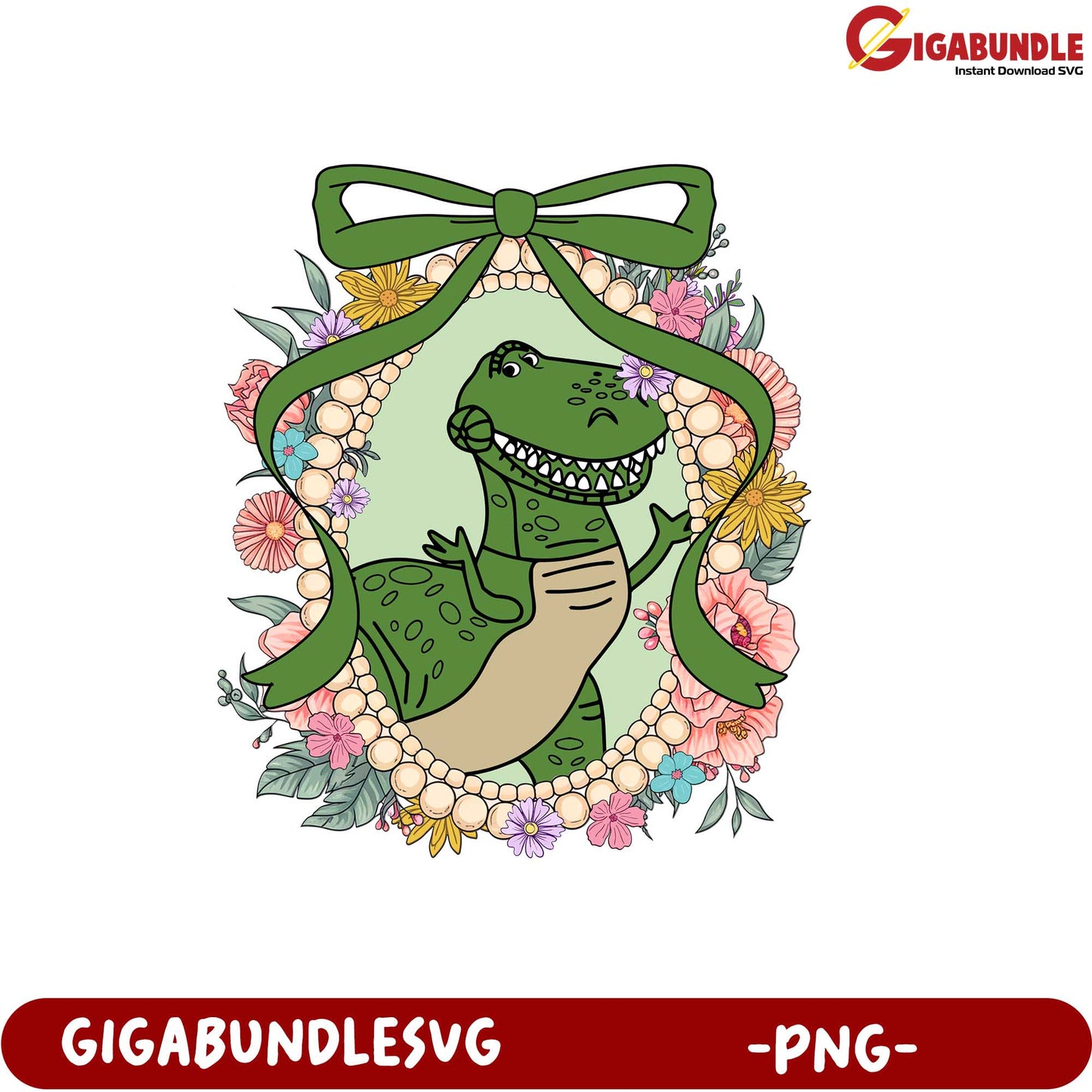 Cute Dinosaur Design with Floral Frame and Bow PNG Downloadable Art