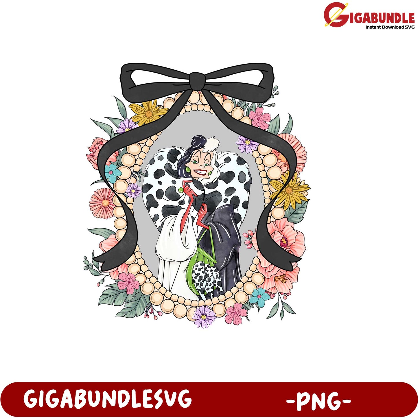Cute Floral Frame with Cruella De Vil PNG Digital Download Design