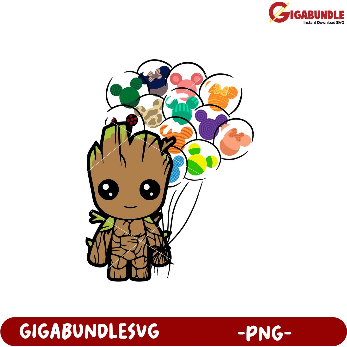 Cute Groot Character with Colorful Balloons PNG Art