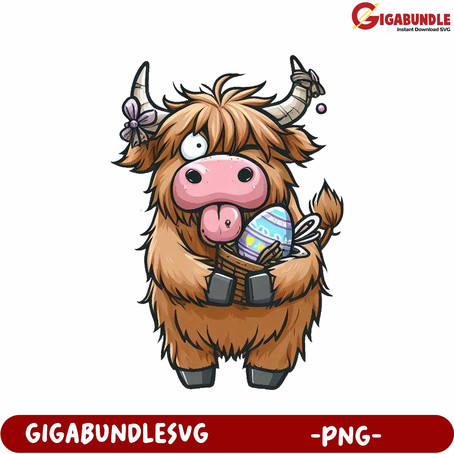 Cute Highland Cow Holding Easter Basket PNG Downloadable Art