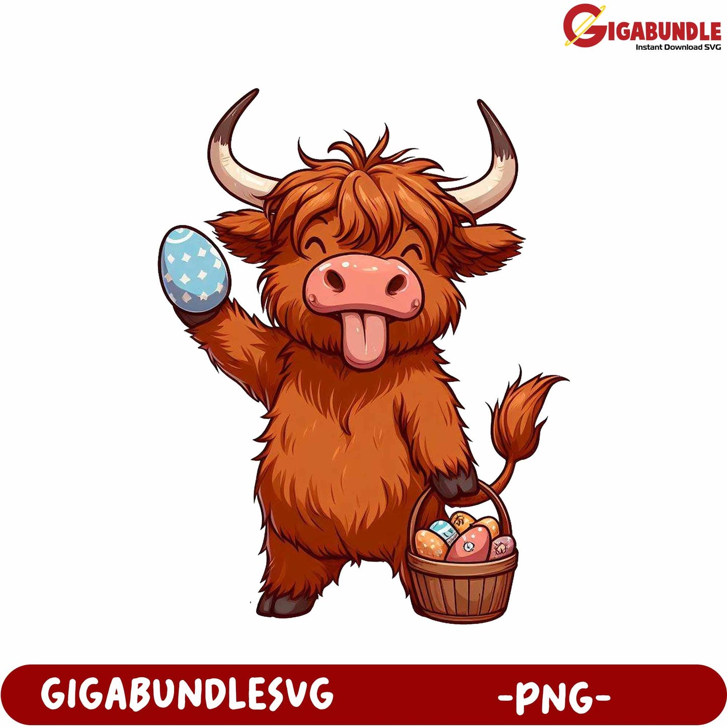 Cute Highland Cow Holding Easter Egg in PNG Format Gigabundle