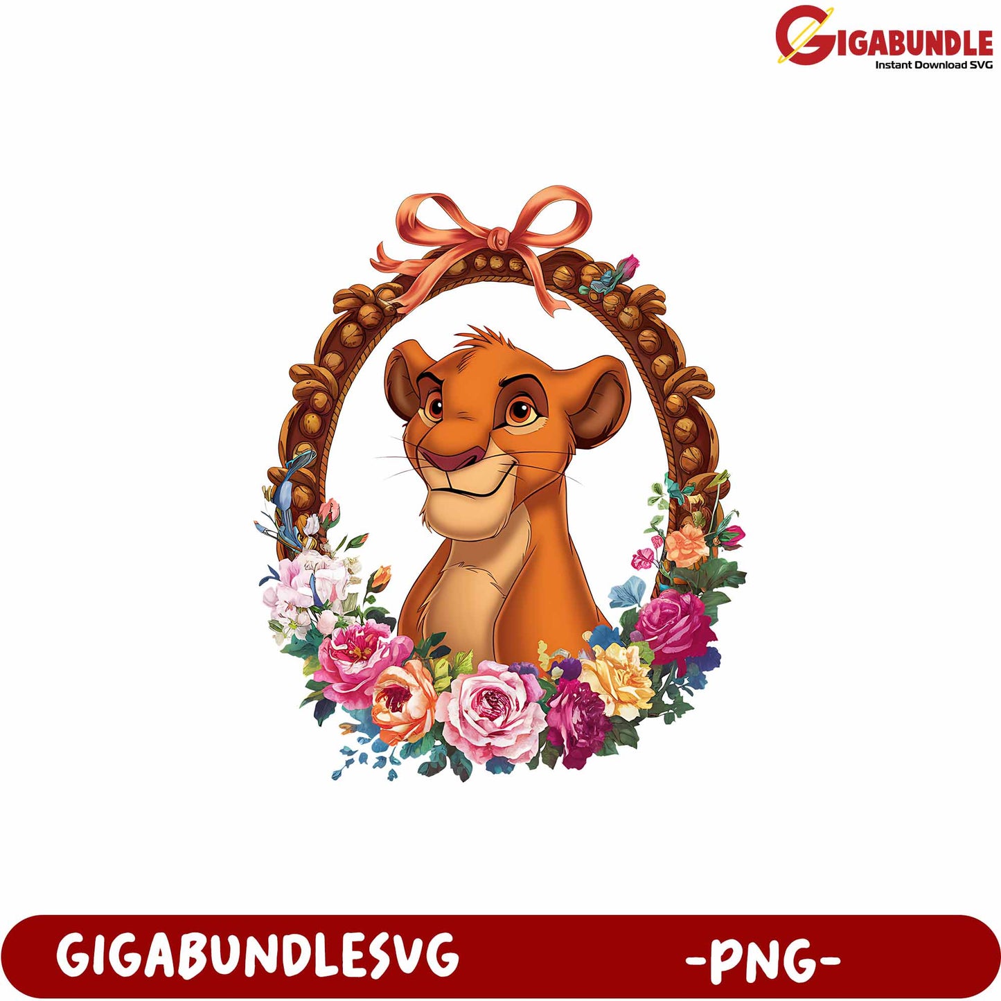 Cute Lion Character Floral Frame PNG Digital Download Art