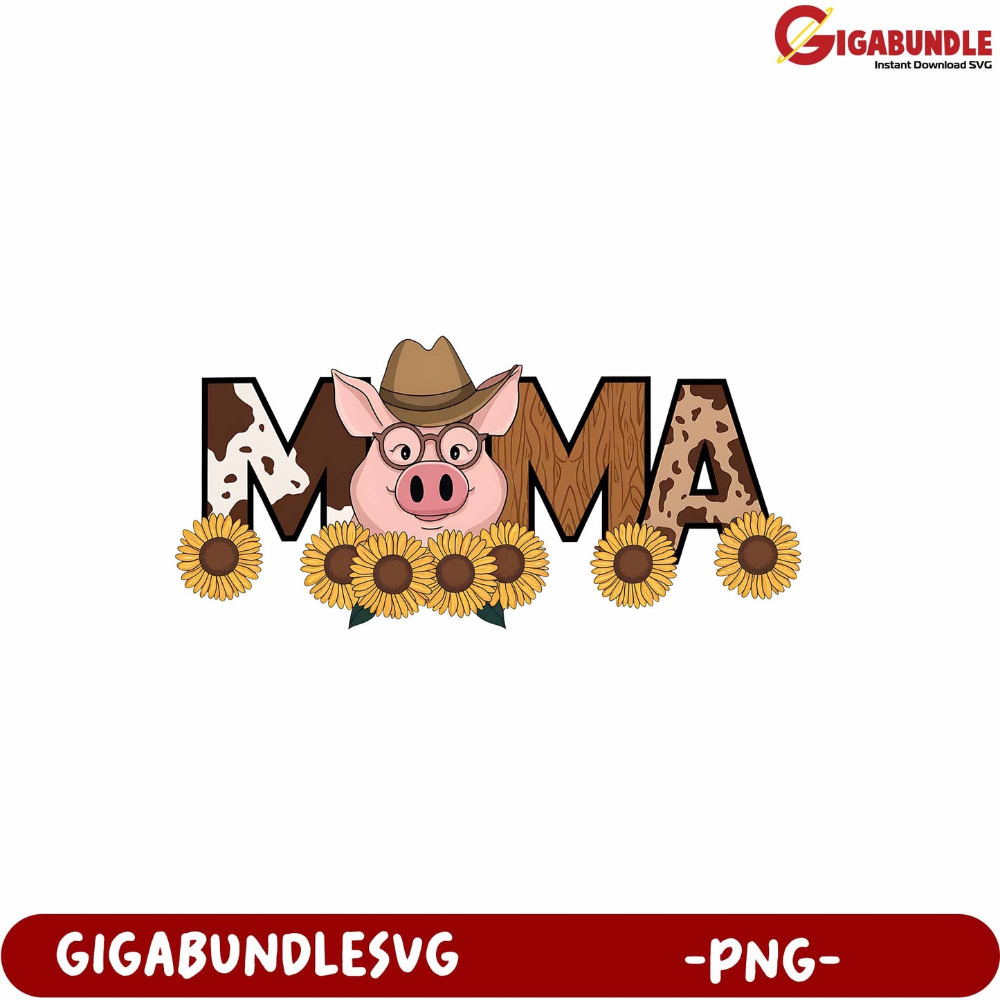 Cute Pig Mama Design with Sunflowers and Western Elements PNG File