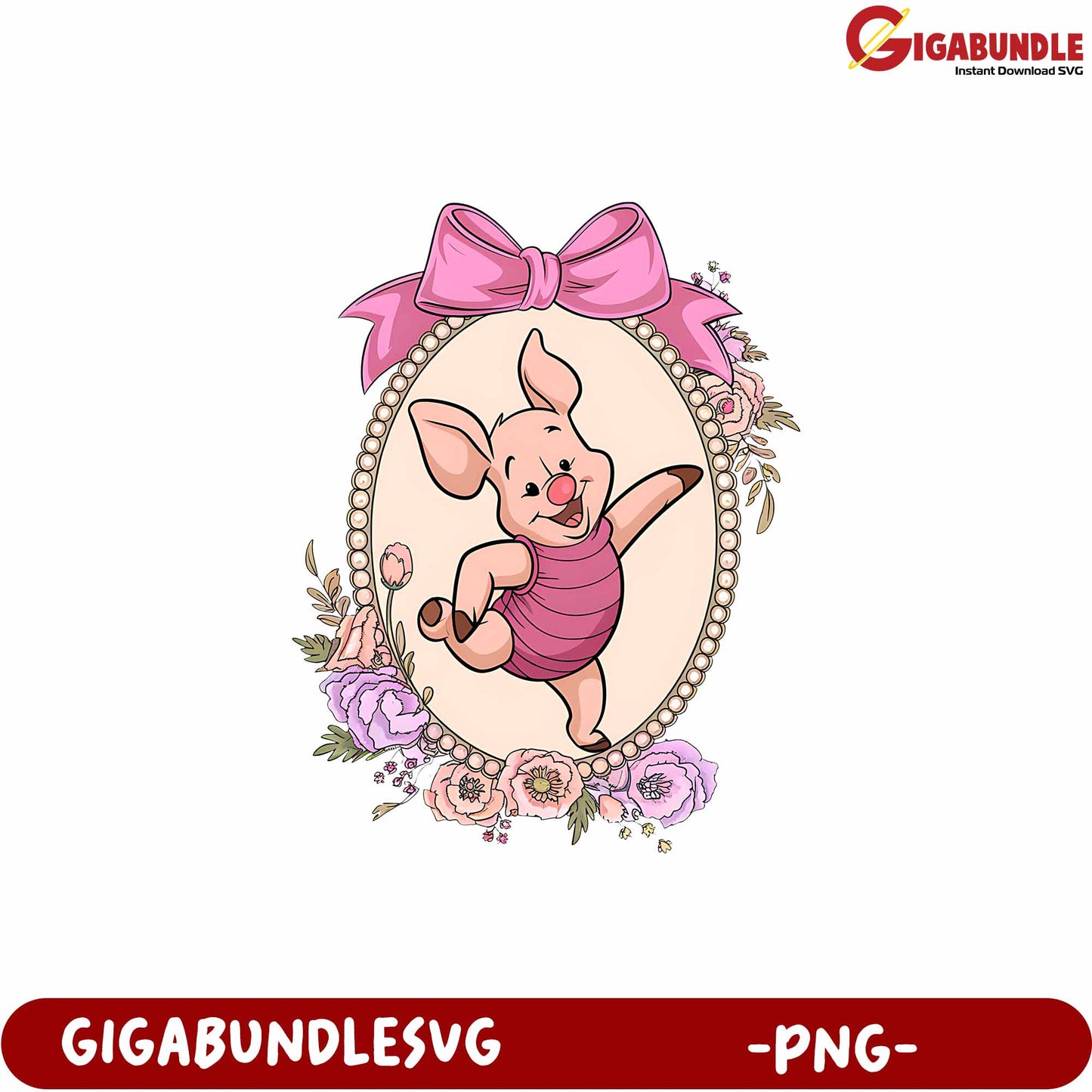 Cute Piglet Character Art with Floral Frame PNG Downloadable Design