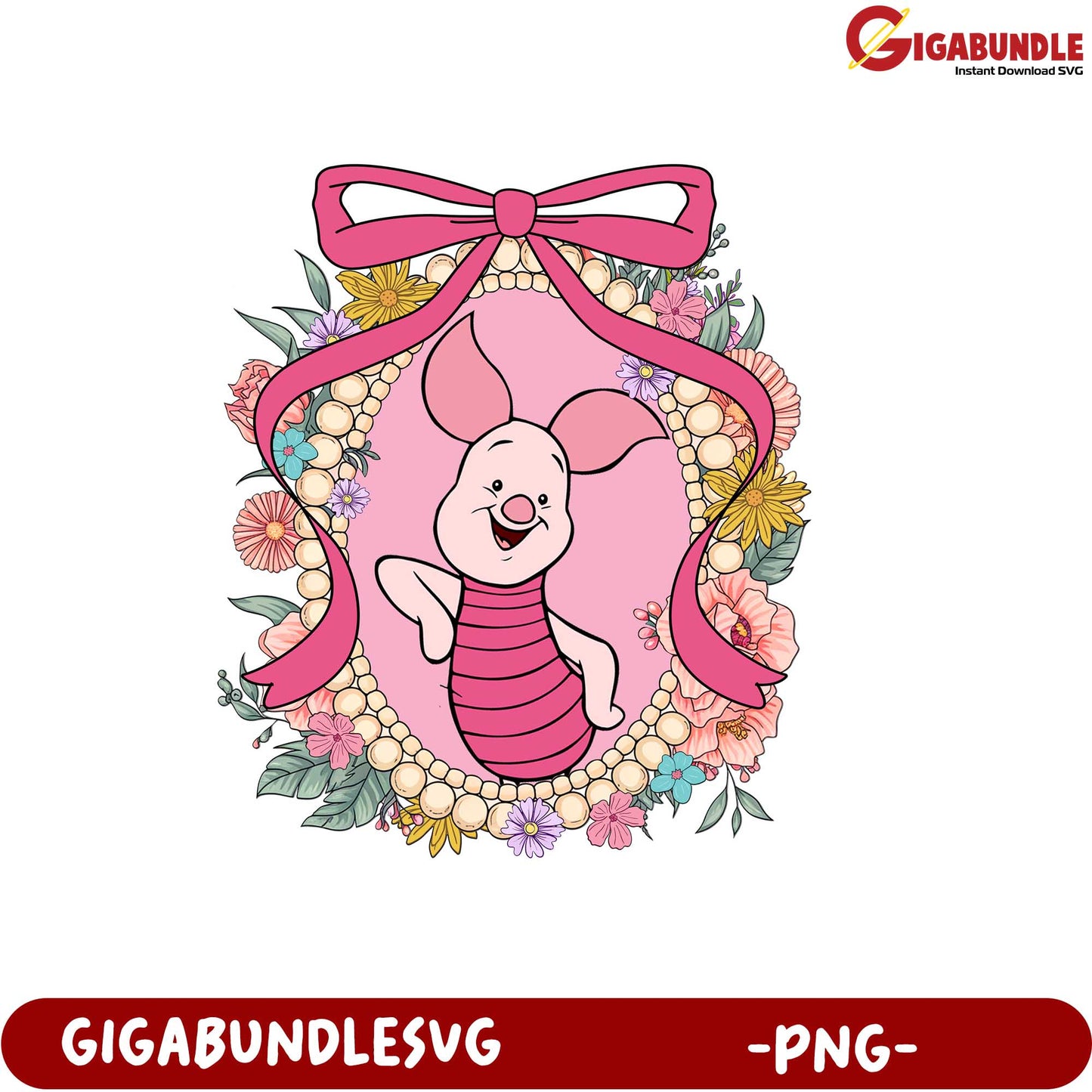 Cute Piglet Character Floral Design PNG for Crafting Projects
