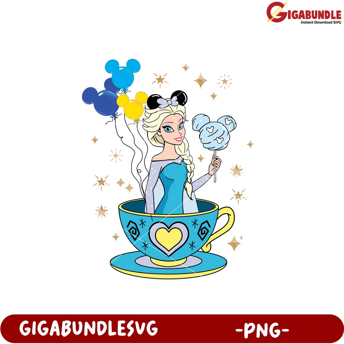 Cute Princess in Teacup with Balloons and Cotton Candy PNG