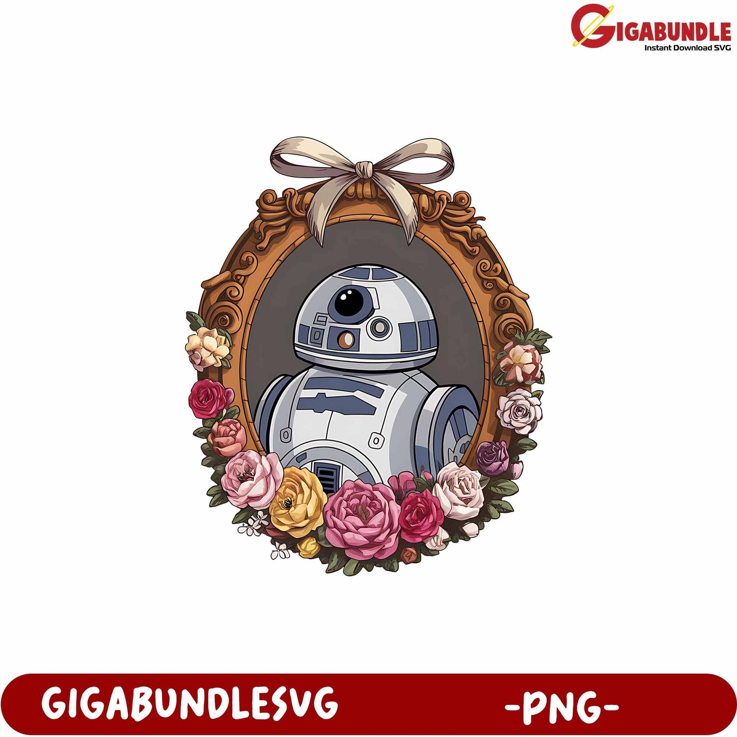 Cute R2D2 Robot Floral Frame Art Design PNG Downloadable File