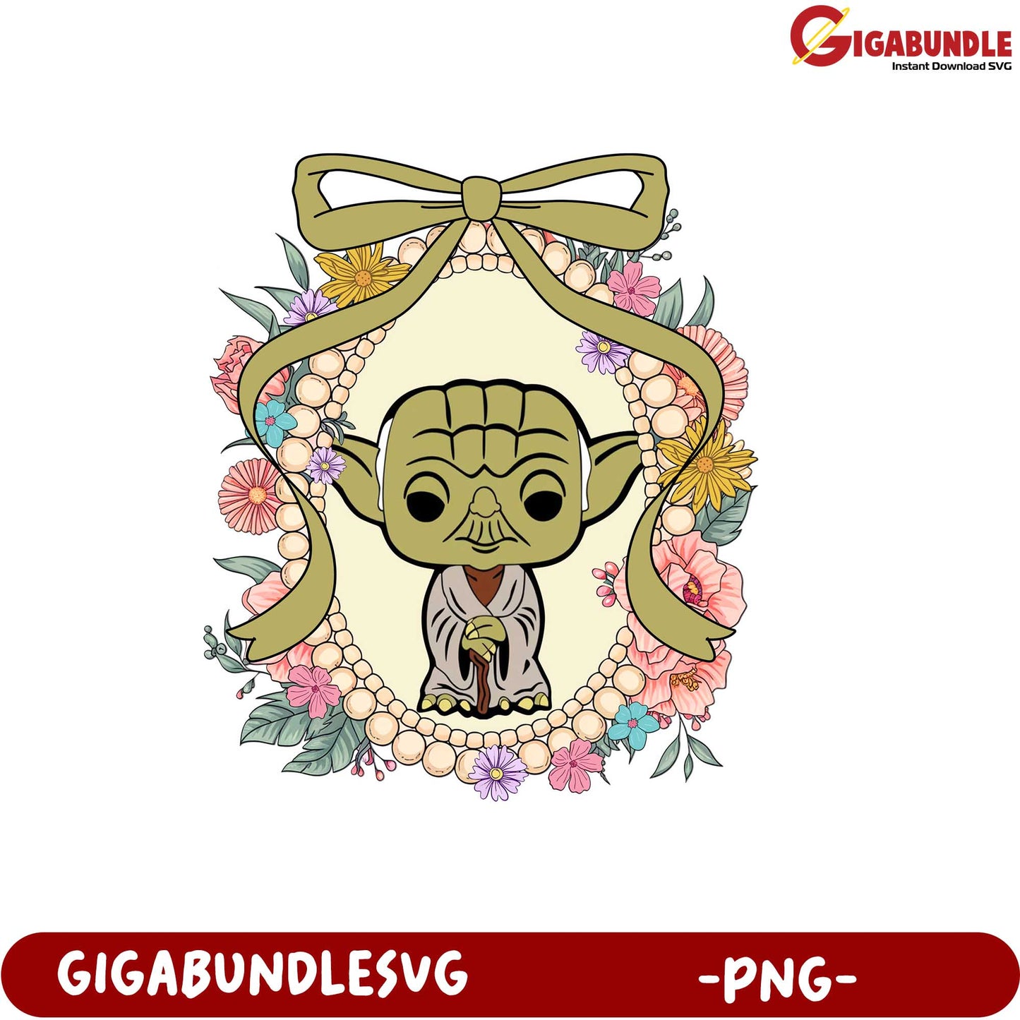 Cute Yoda Character with Flowers and Bow PNG Illustration for Sale