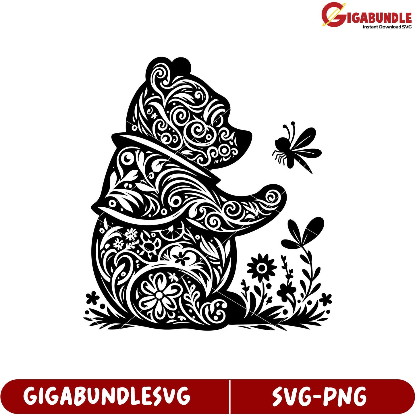 Decorative Bear Design with Floral Elements in SVG Product Format