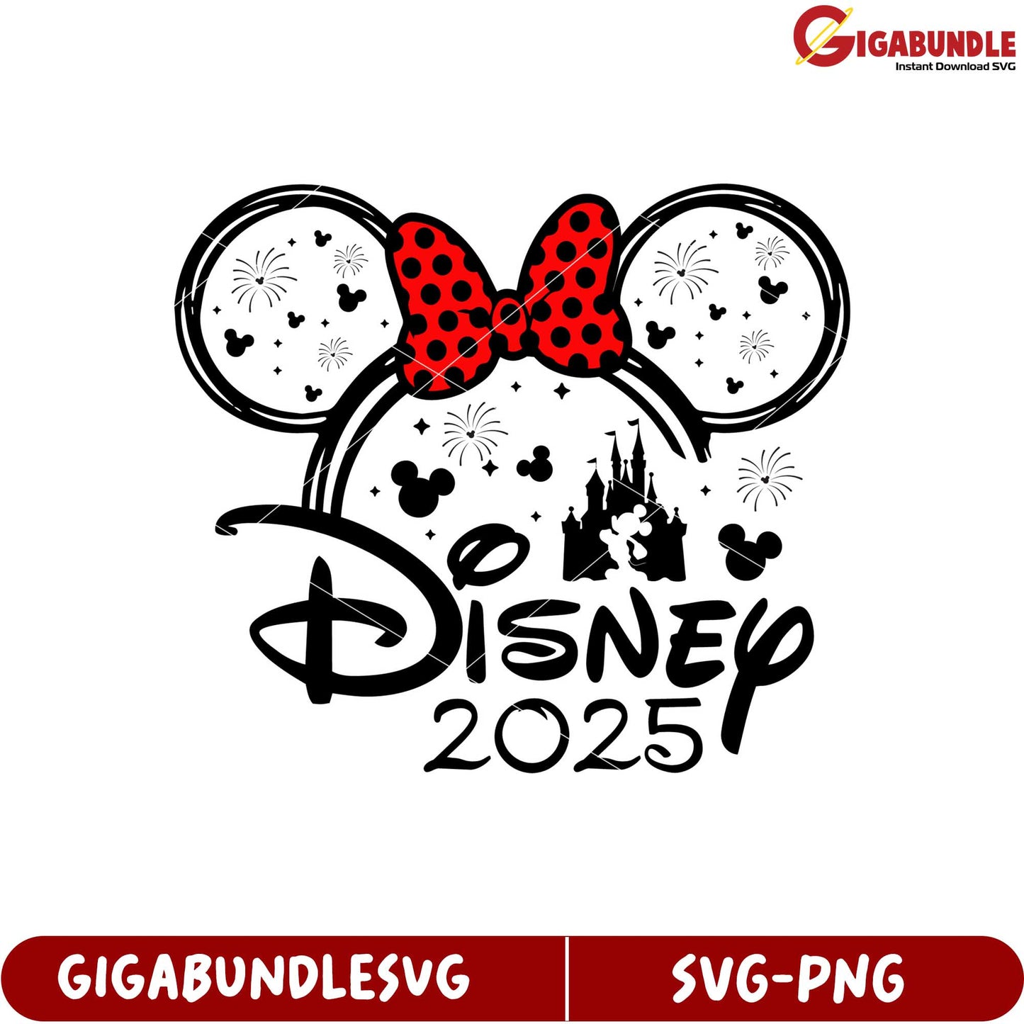 Disney 2025 Minnie Mouse SVG Design with Castle and Fireworks Art