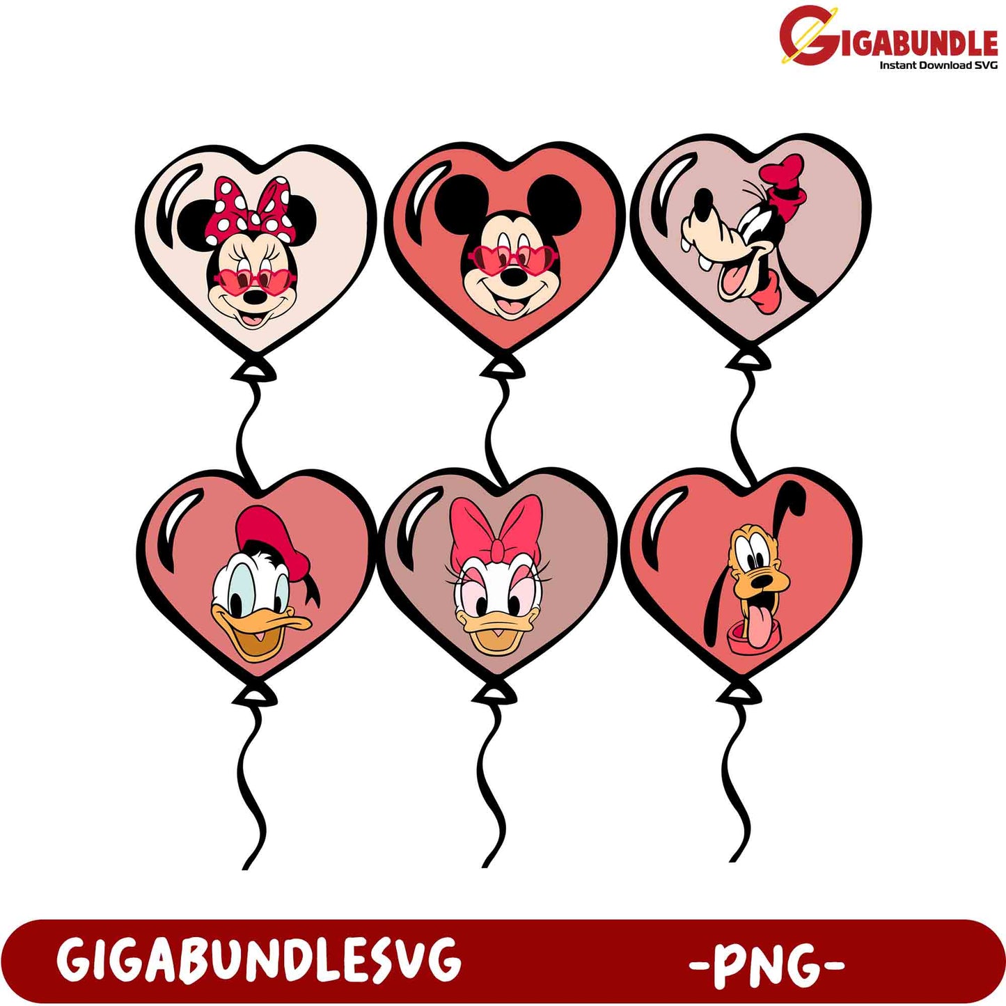 Disney Character Heart Balloons PNG Mickey, Minnie, Donald & More