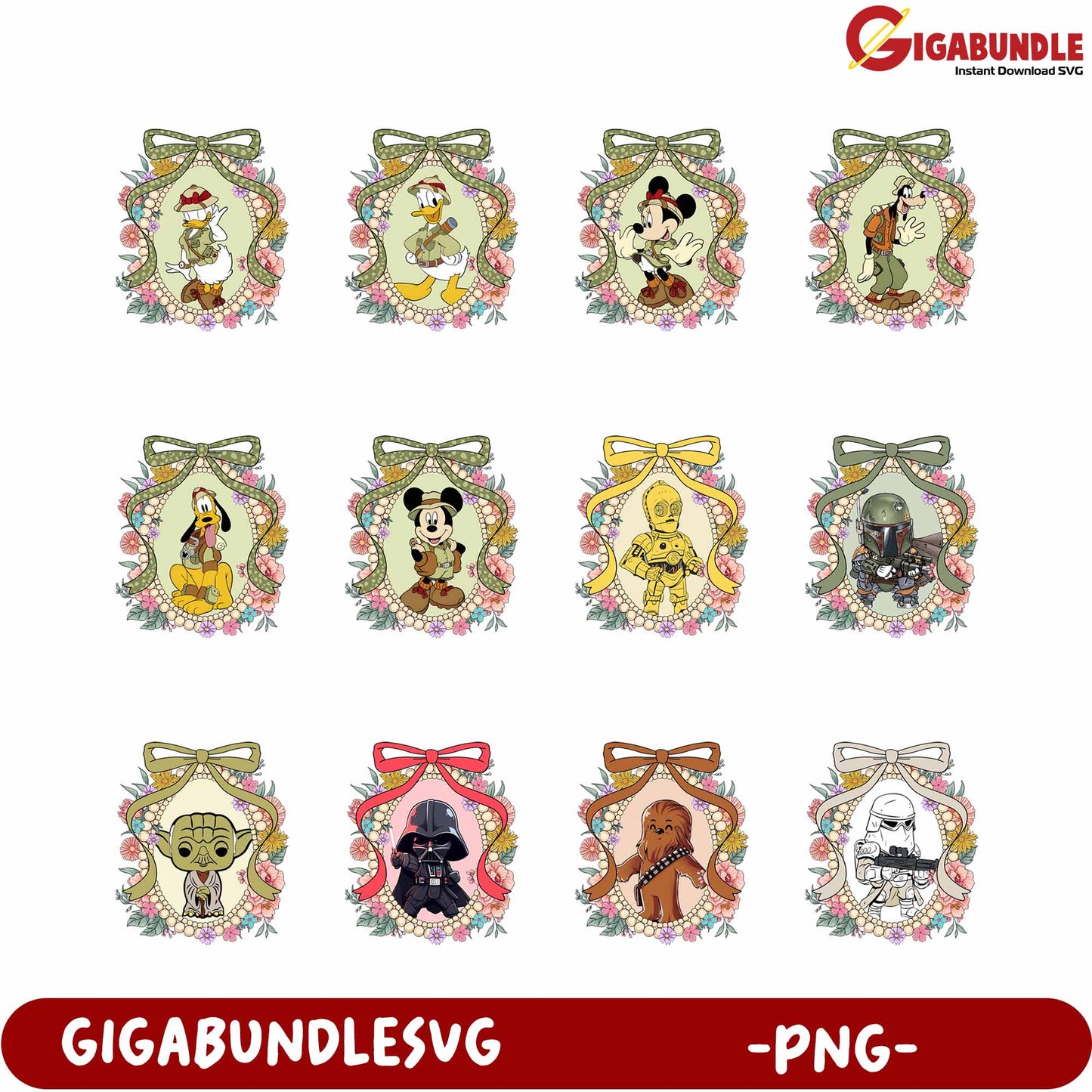 Disney Character PNG Designs with Floral Frames and Bows
