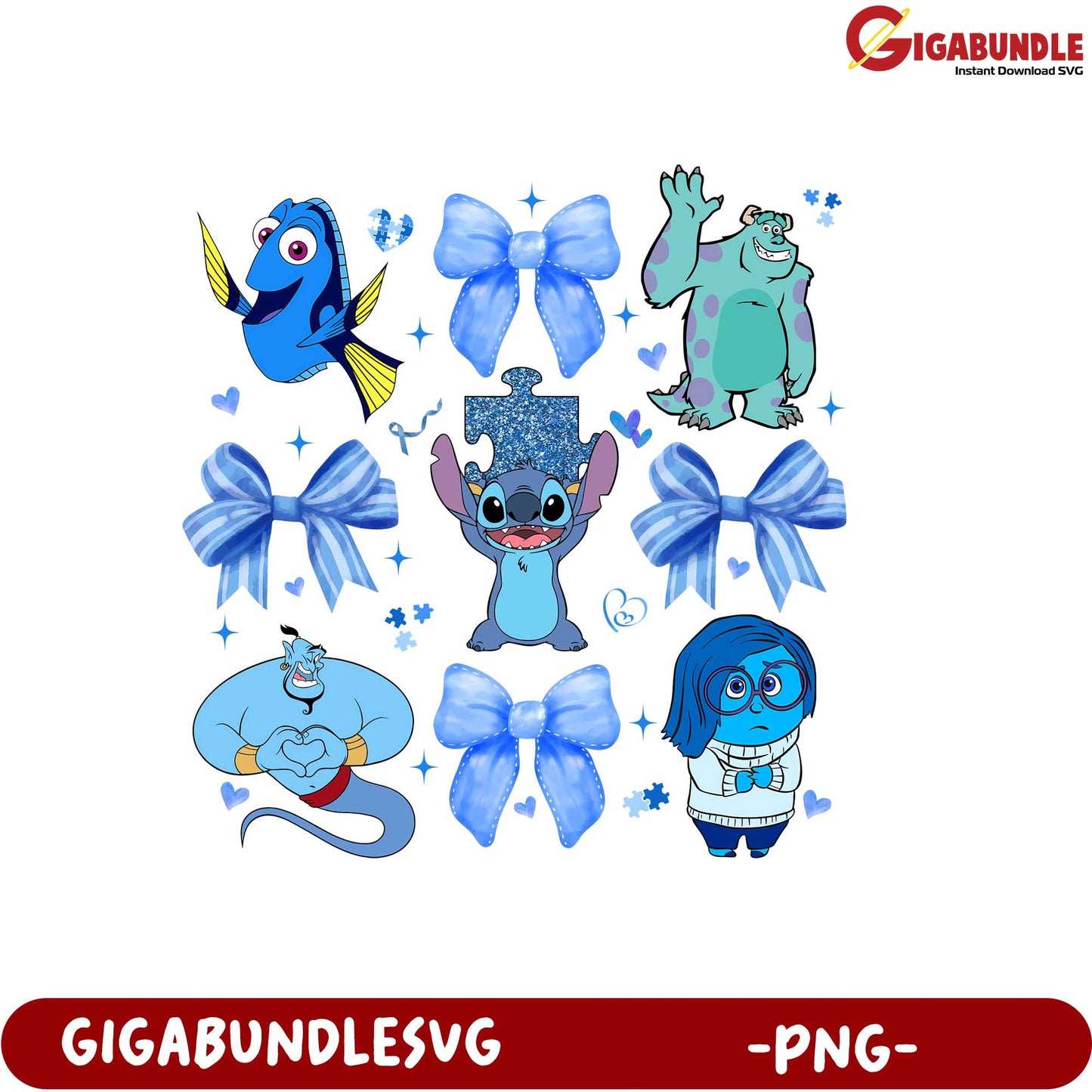 Disney Character Stickers with Bows PNG Digital Download Design