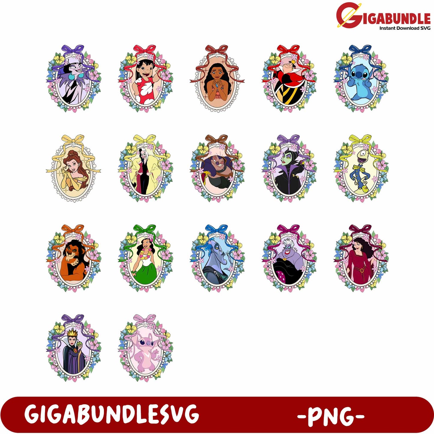 Disney Princesses Portraits Collection PNG Floral Frames Clipart