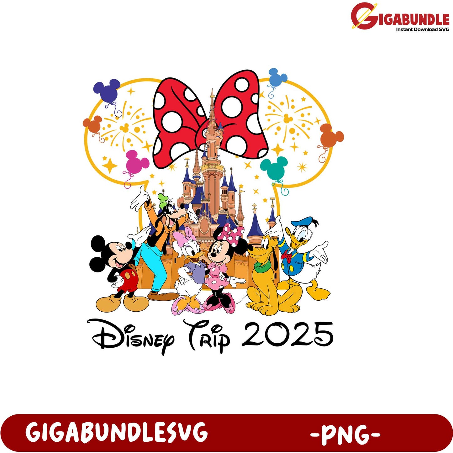 Disney Trip 2025 Fun Colorful Characters at Theme Park PNG Design