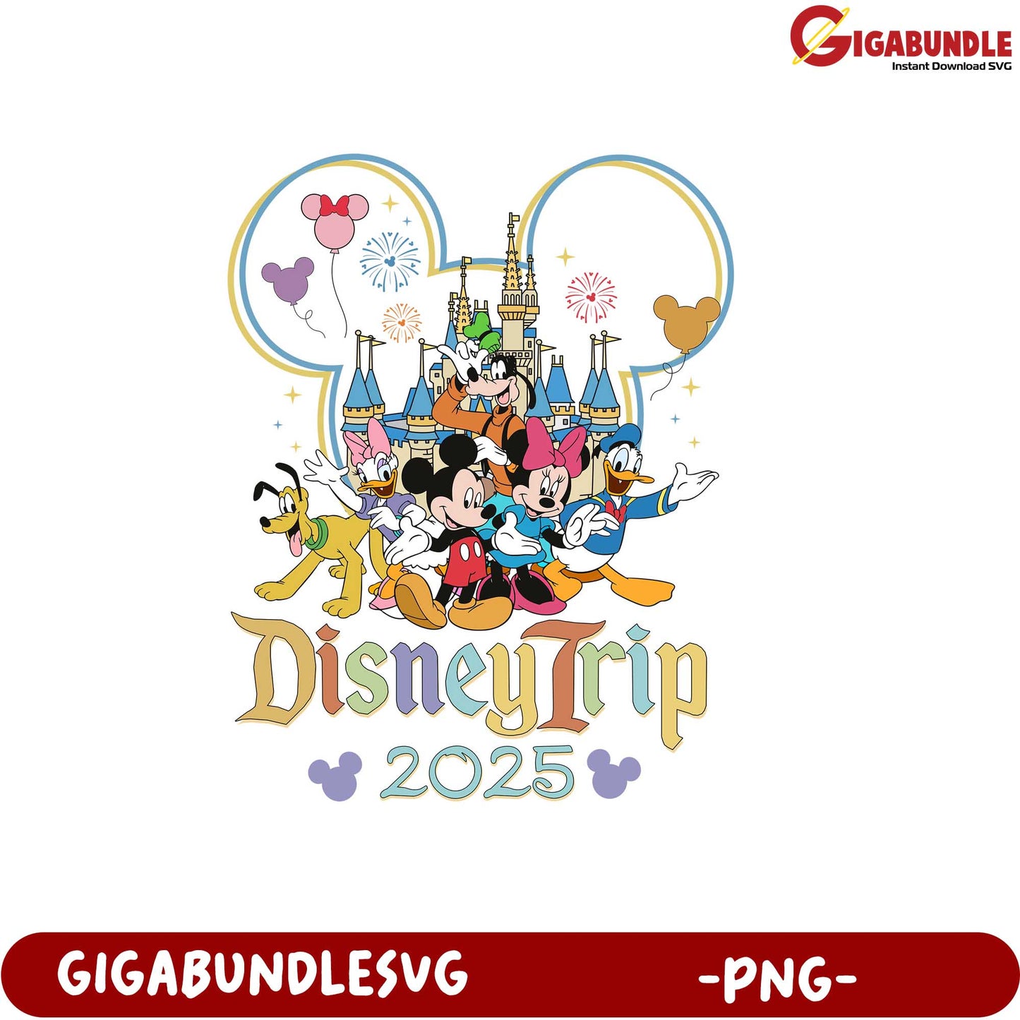 Disney Trip 2025 PNG Design Featuring Classic Characters and Castle