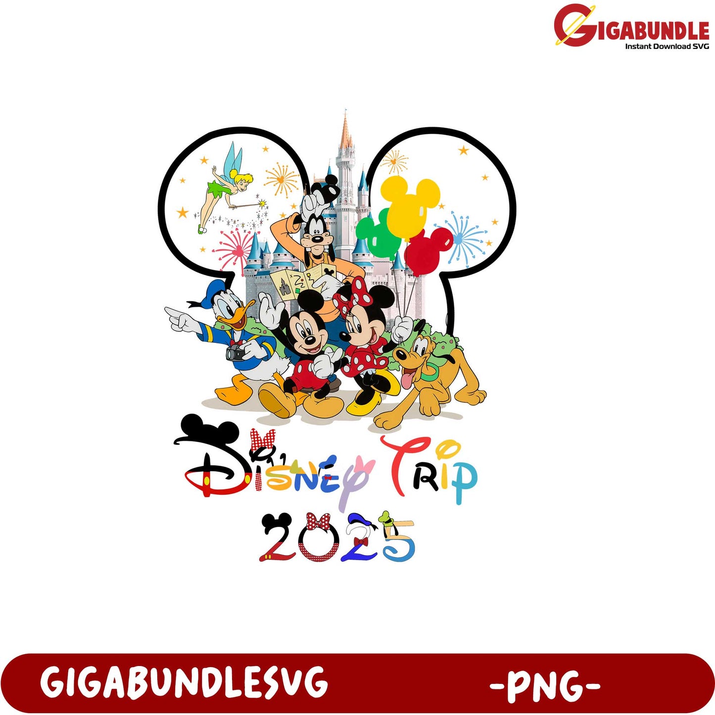 Disney Trip 2025 PNG Graphic Featuring Classic Characters and Castle