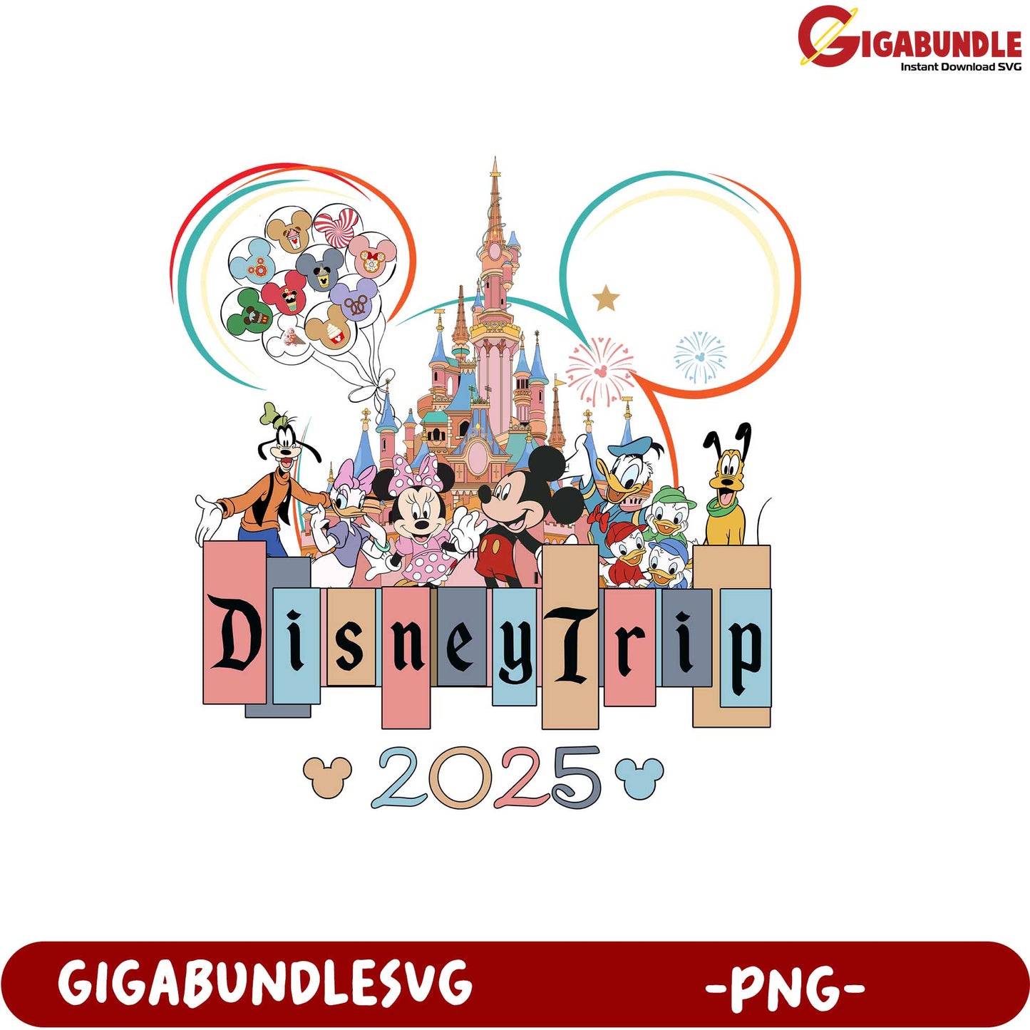 Disney Trip 2025 PNG Graphic Featuring Iconic Characters and Castle