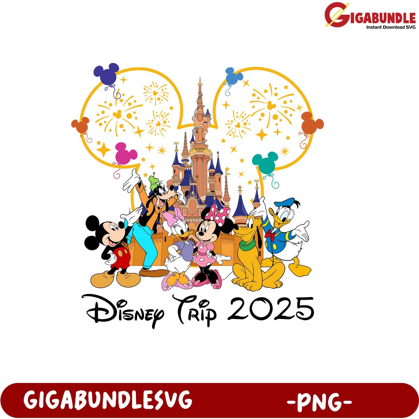Disney Vacation 2025 Celebration with Iconic Cartoon Characters PNG