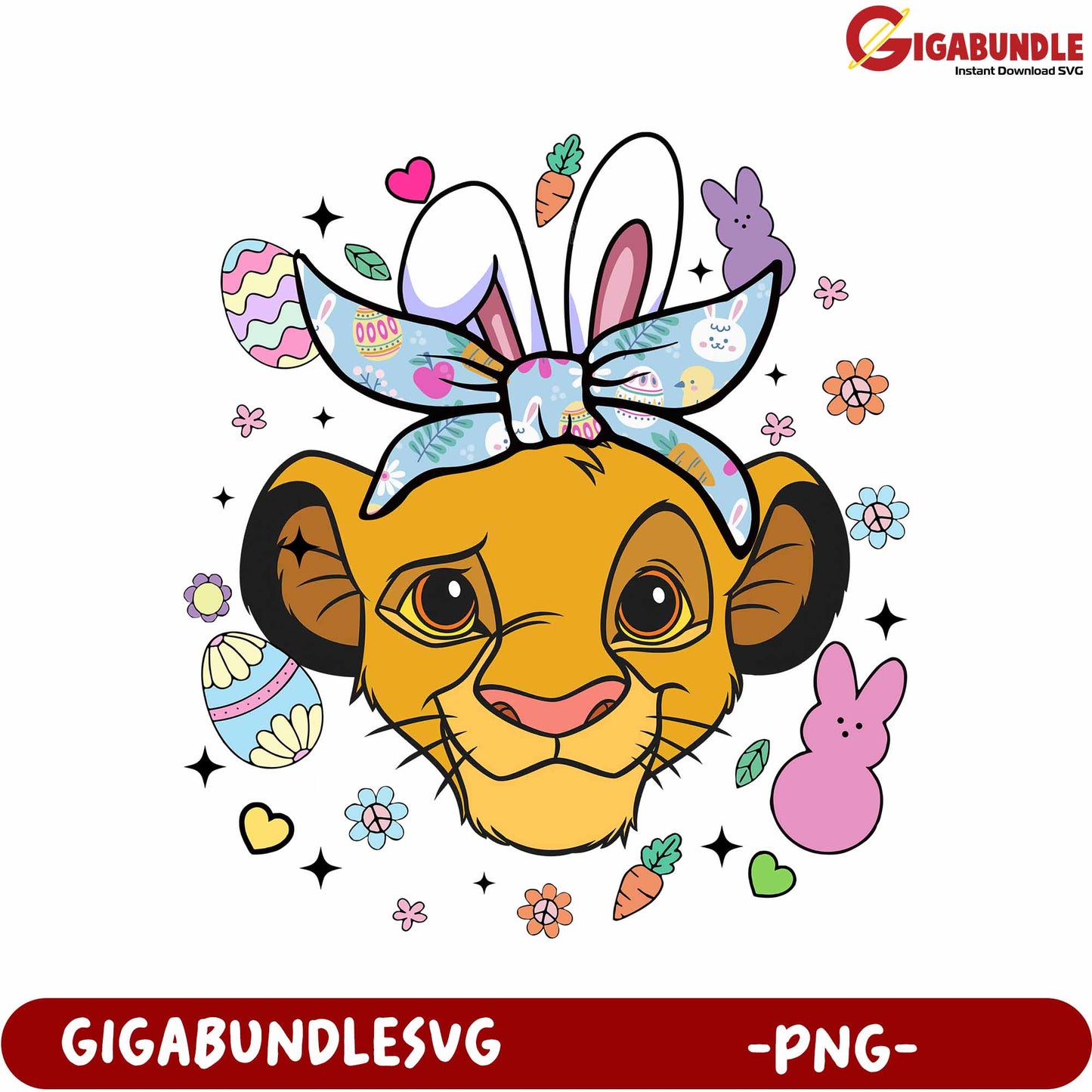 Easter Lion Character with Bunny Ears and Colorful Decorations PNG