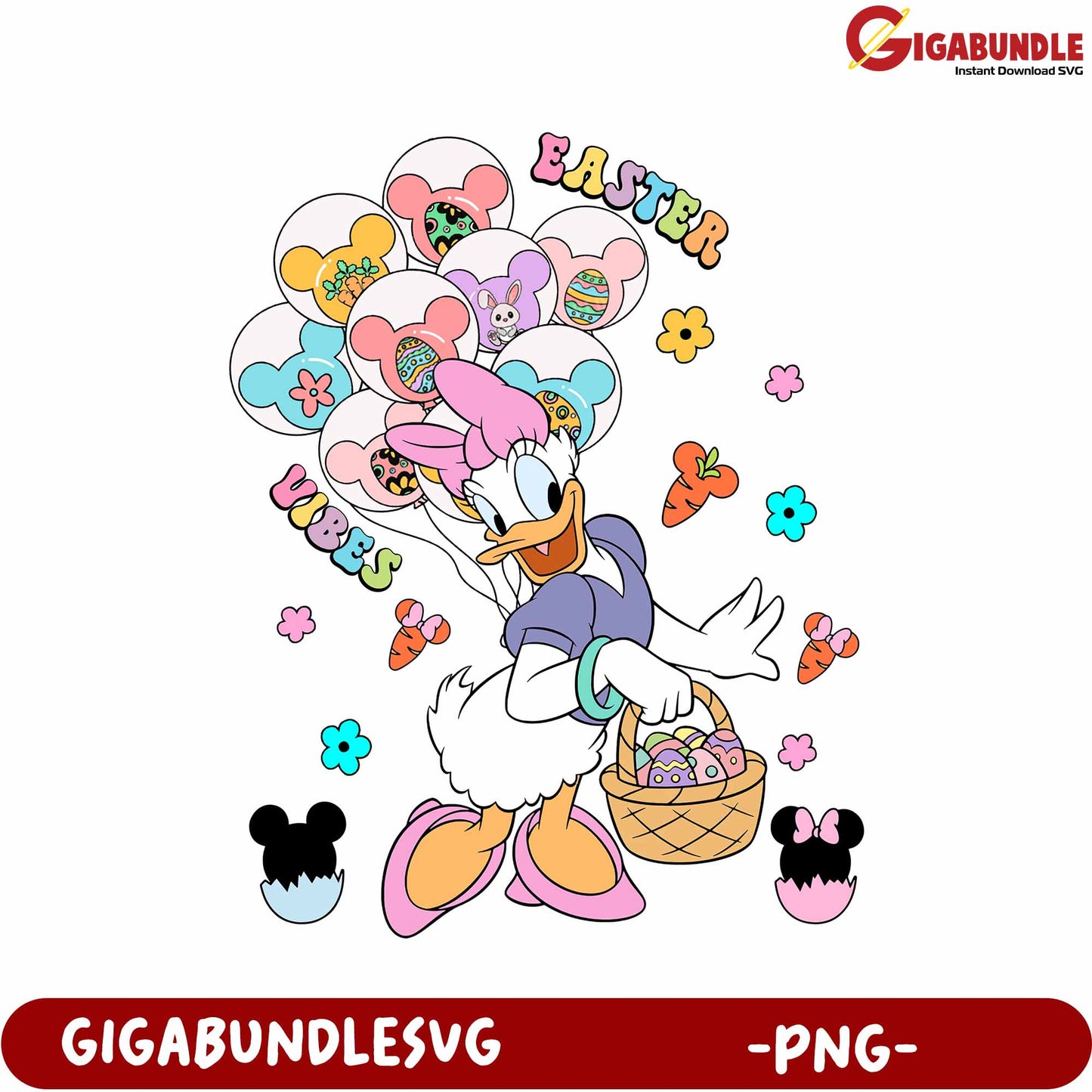 Easter Vibes Daisy Duck PNG with Balloons and Basket Design