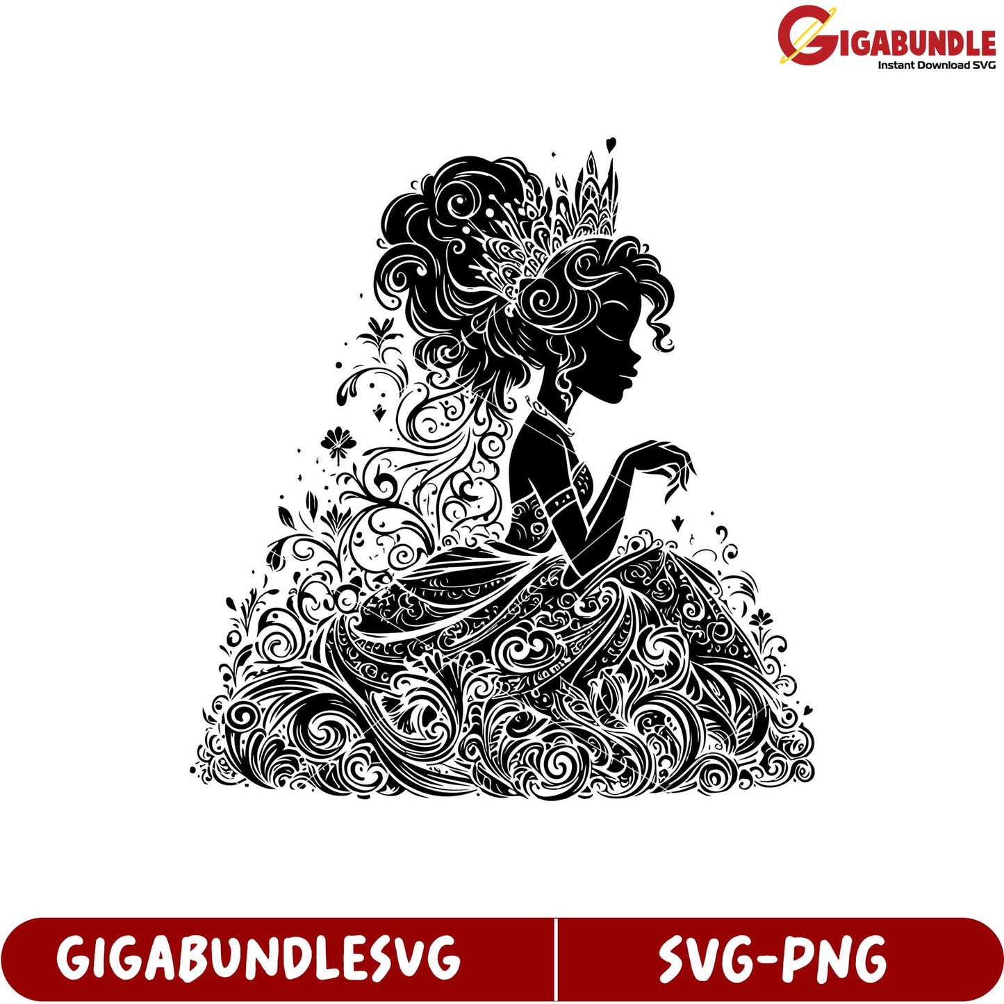 Elegant Beauty Silhouette with Ornate Dress in SVG Format for Crafts