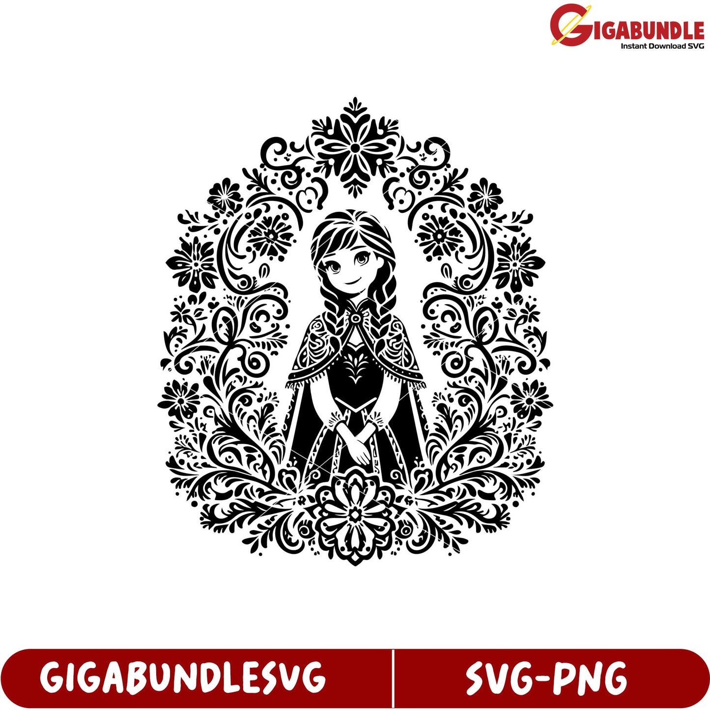 Elegant Black and White SVG Design with Floral Elements and Character