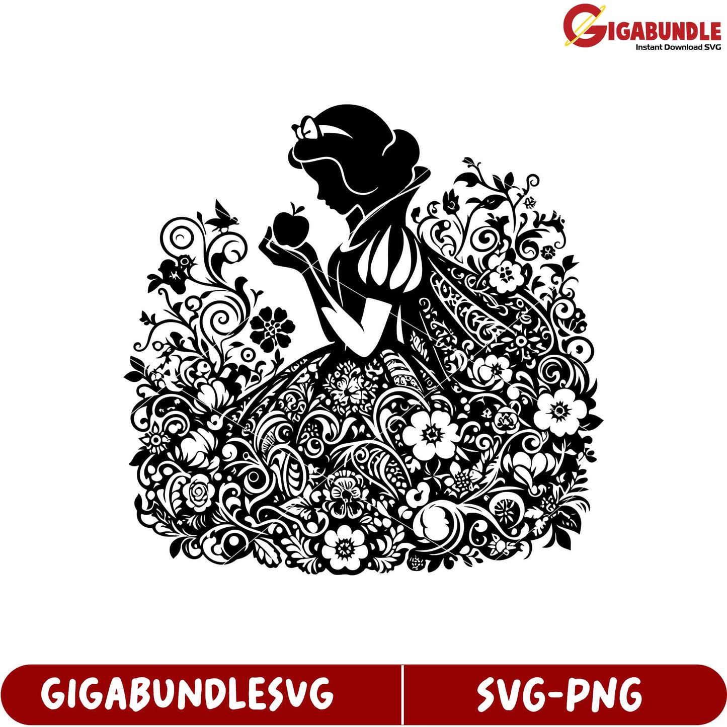 Elegant Floral Design of Princess Holding Apple SVG Artwork for Crafts