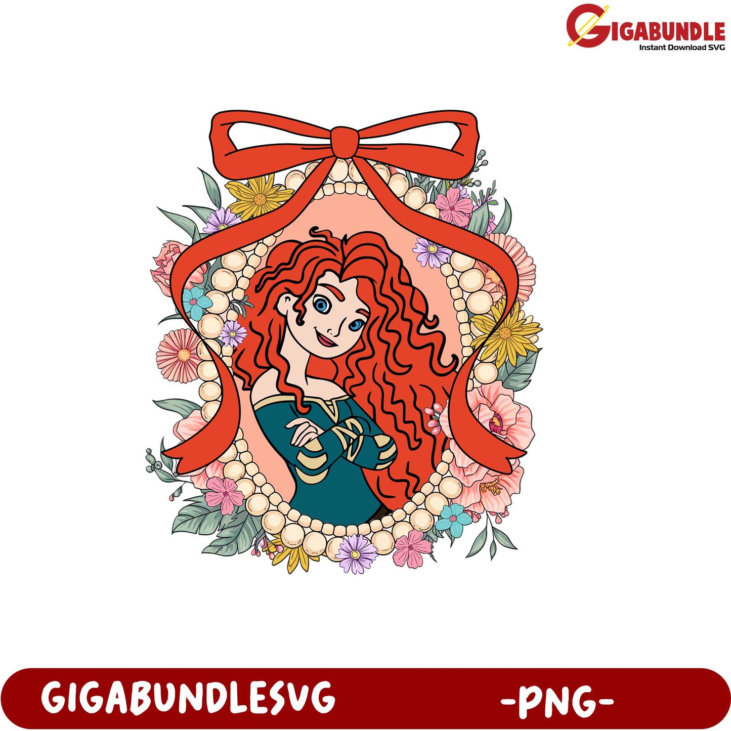 Elegant Floral Portrait PNG of Redhead Character with Bow Design