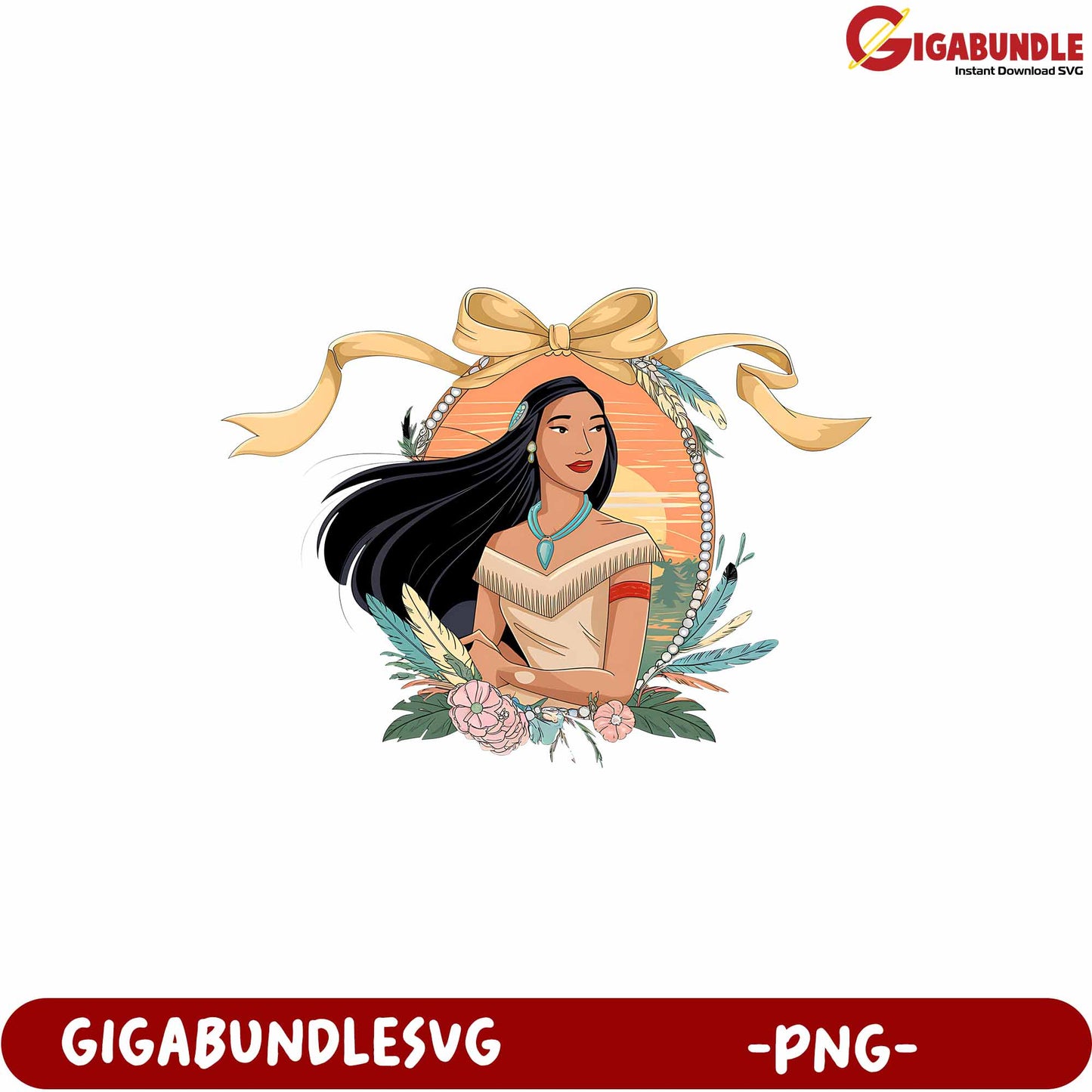 Elegant Native Woman PNG Artwork with Floral Accents and Ribbon