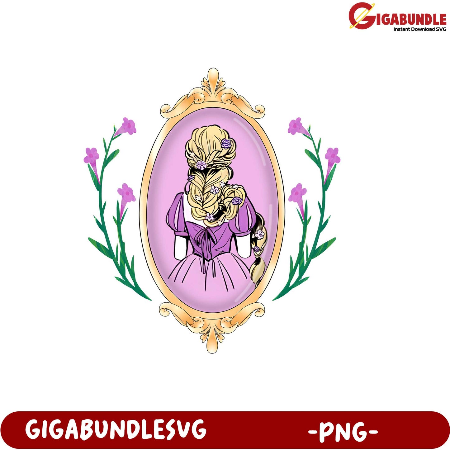 Elegant Princess Portrait PNG Artwork with Floral Frame Design