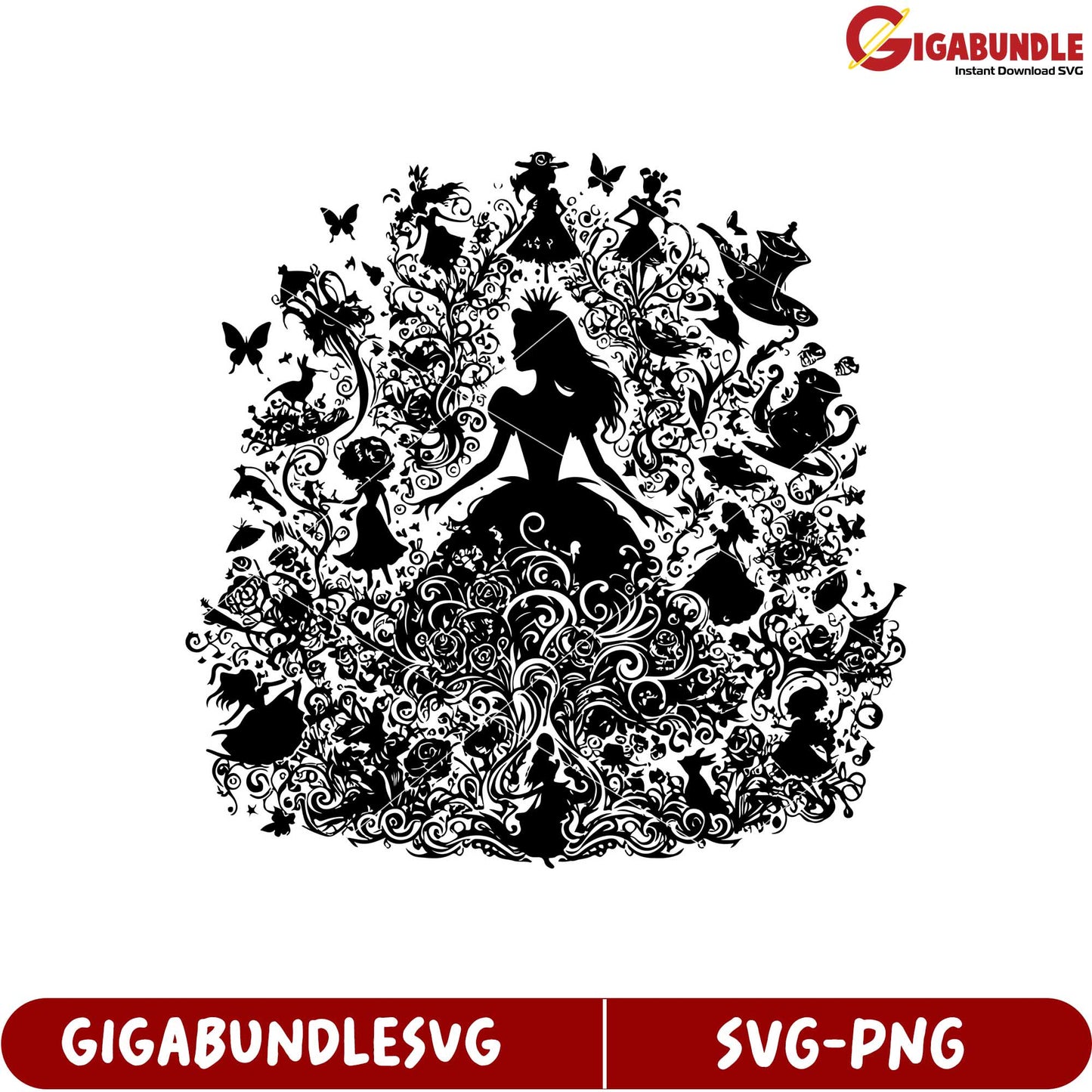 Elegant Princess Silhouette Black Floral SVG for Crafts and Design