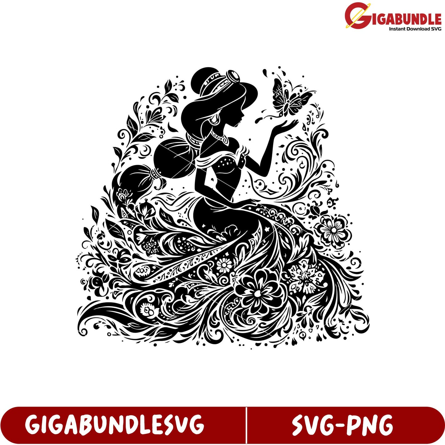 Elegant Princess Silhouette Decorative SVG with Floral Elements Design