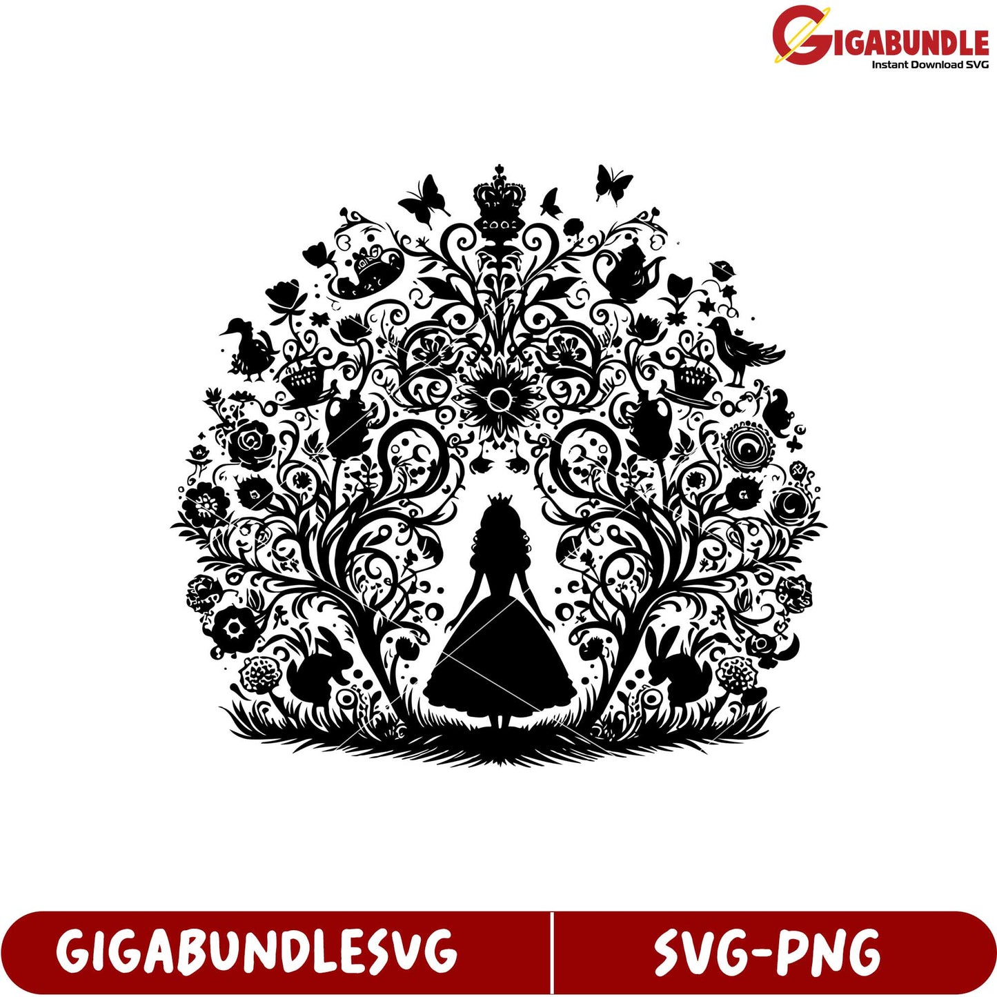 Elegant Princess Silhouette SVG Art with Floral and Animal Design