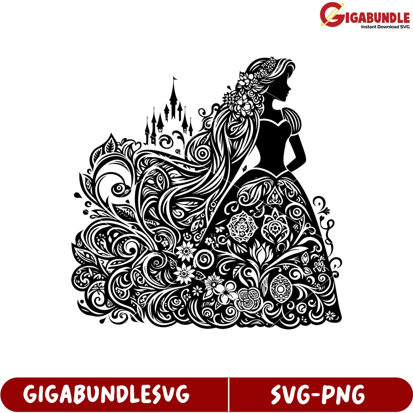 Elegant Princess Silhouette SVG Design with Floral and Castle Elements