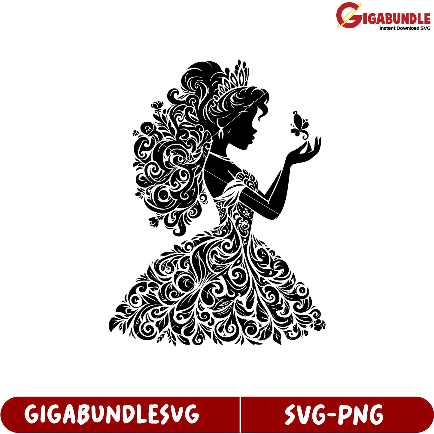 Elegant Princess Silhouette with Floral Design SVG Instant Download