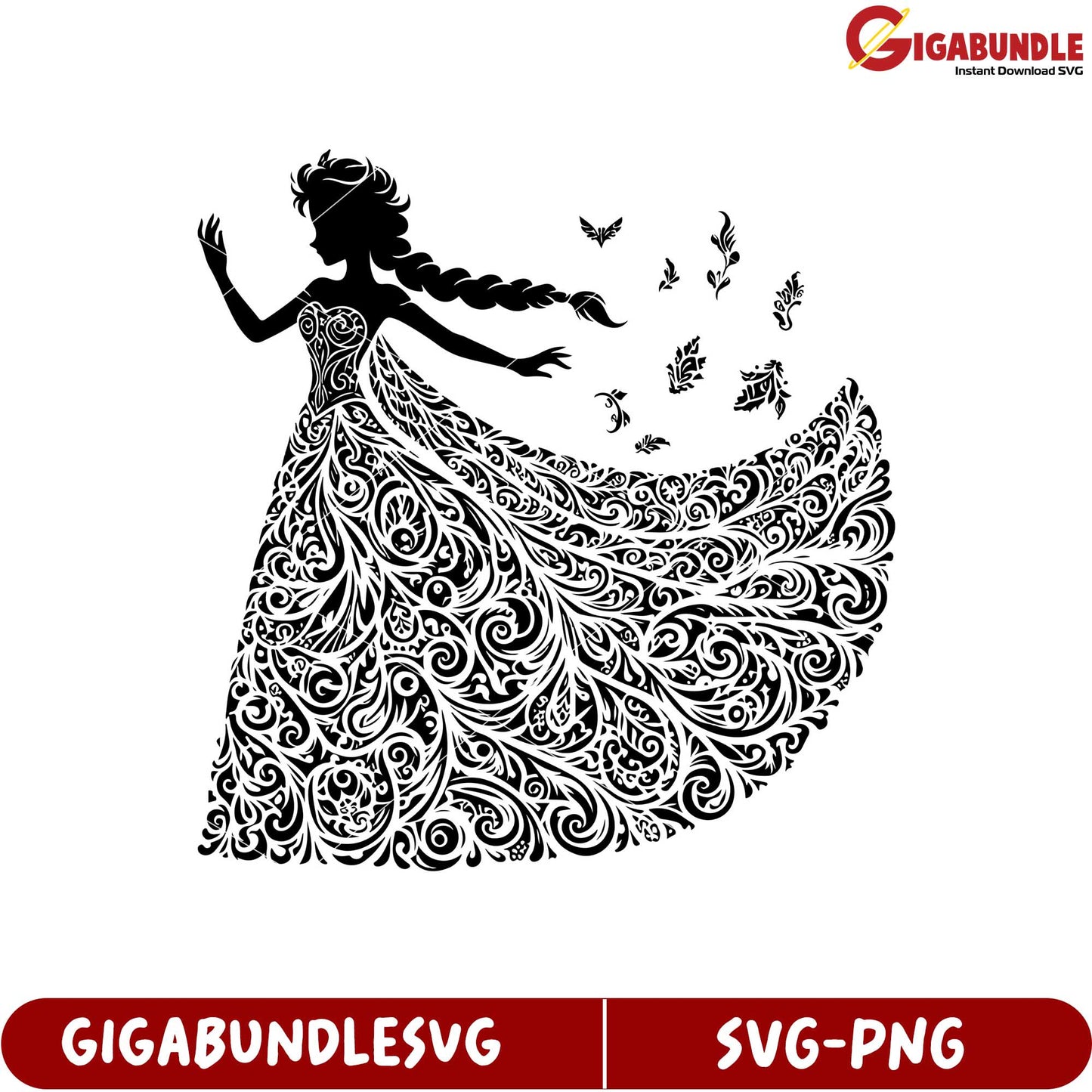 Elegant Princess Silhouette with Floral Dress Design for SVG Use