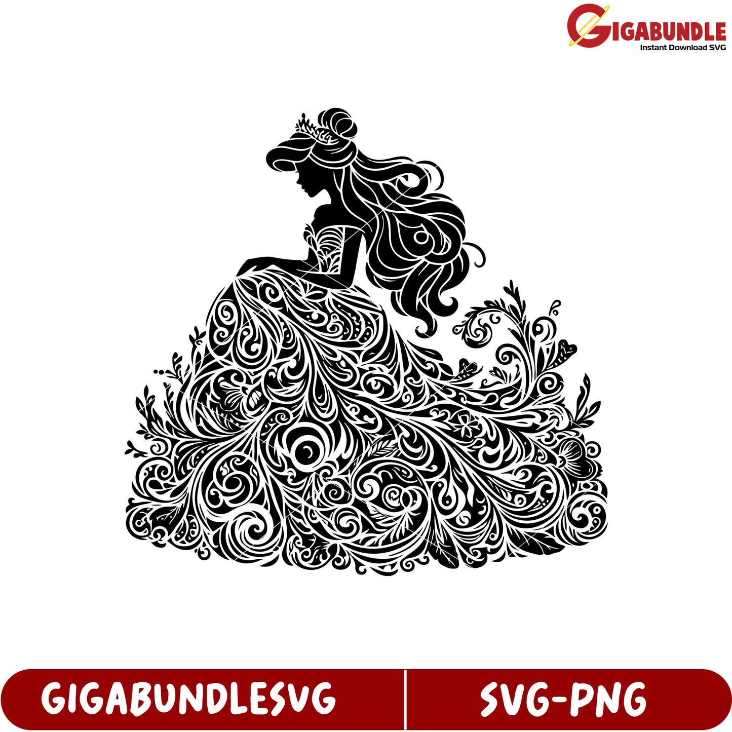 Elegant Princess Silhouette with Intricate Floral Design SVG File