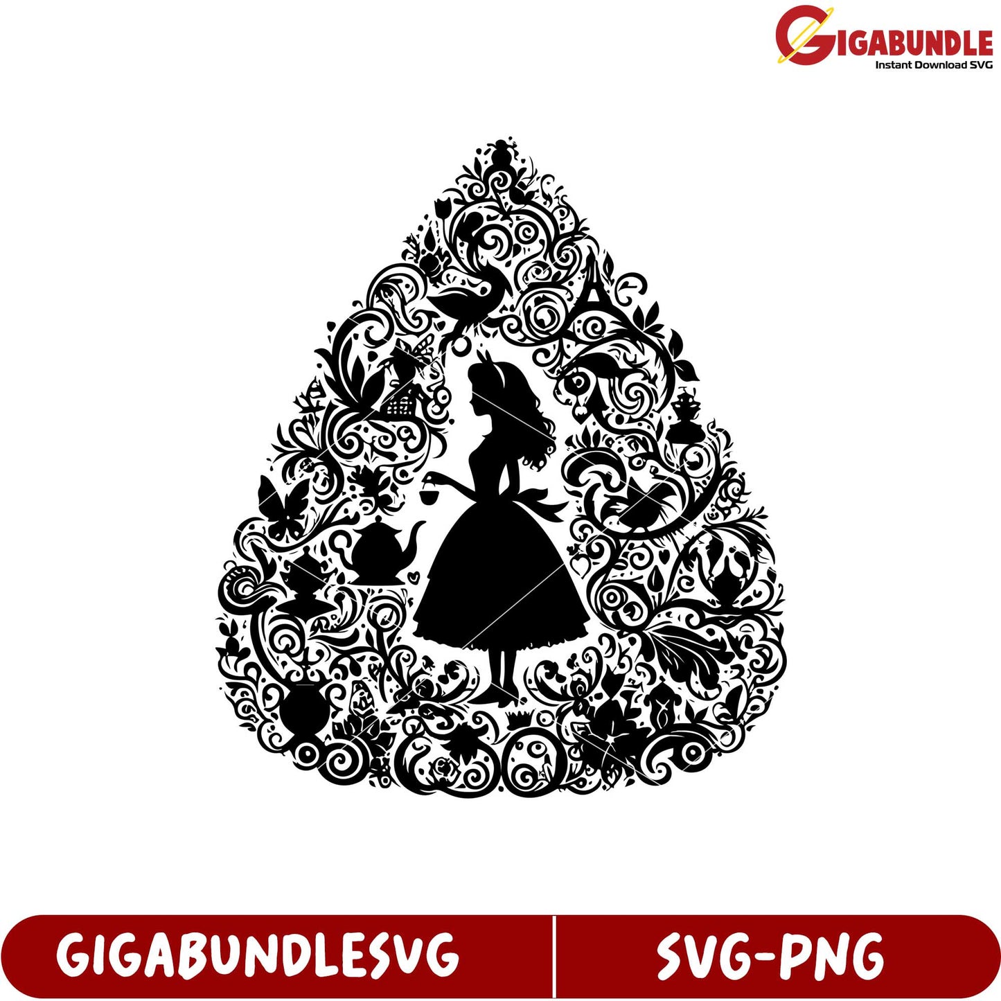 Elegant Silhouette of Fairy Tale Princess in Intricate Floral Design SVG